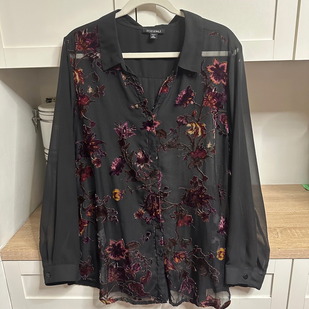 Roz & Ali Blouse Woman 2X Velvet Burnout Floral Sheer Button Up Dark Romantic